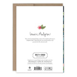 The back of the Swans Love Card by Biely & Shoaf features a small flower illustration, info about the designer, Biely & Shoaf branding, and recycling details on FSC-certified recycled paper.