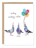 The Biely & Shoaf Pigeon Party Birthday Card features three illustrated pigeons in party hats, one holding balloons, with "sending birthday wishes" on a white background. Includes a brown envelope.