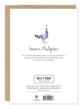 The back of the Pigeon Party Birthday Card by Biely & Shoaf features a colorful bird, handwritten brand text, a note on its design inspiration, and publishing details at the bottom.