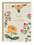 The Biely & Shoaf Rose Garden Birthday Card features hand-painted orange and pink flowers, green leaves, gold "happy birthday" text, and small gold hearts on a light beige recycled paper background.