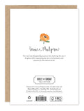 The back of the Rose Garden Birthday Card features an orange flower illustration, Louise Mulgrew’s handwritten touch, UK-inspired design text, Biely & Shoaf branding, and recycled paper details at the bottom.