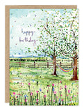 Biely & Shoaf Hammock Birthday Card with wildflowers, two trees, and "happy birthday"—printed in the USA.