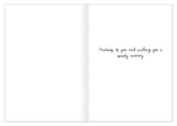 Open Biely & Shoaf Dog & Bunny Get Well Card with "Thinking of you and wishing you a speedy recovery" inside.