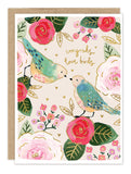 The Biely & Shoaf Love Birds Wedding Card features two birds, floral accents, and “congrats love birds” in gold foil.