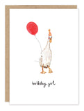Biely & Shoaf's Duck Birthday Girl Card: a duck in a party hat with red balloon, "birthday girl" in script below.