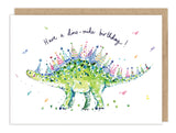 Biely & Shoaf Dino-mite Birthday Card with a green stegosaurus in party hats, saying "Have a roaring good time!.