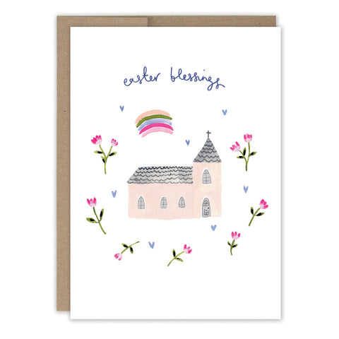 The Biely & Shoaf Church Blessings Easter Card features a pastel church, pink flowers, rainbow, blue hearts, and "easter blessings" handwritten at the top. Two brown envelopes are partially shown behind the card.