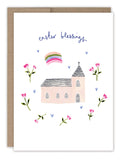 The Biely & Shoaf Church Blessings Easter Card features a pastel church, pink flowers, blue hearts, a rainbow, and handwritten "easter blessings" on a white background. Printed in the USA.