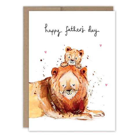 The Biely & Shoaf Lions Father's Day Card features a watercolor lion with a playful cub and "happy fathers day" above, surrounded by pink hearts. Printed in the USA, it's a charming way to celebrate Dad.