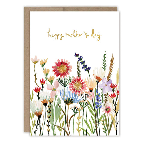 The Pressed Flowers Mother's Day Card by Biely & Shoaf features watercolor wildflowers and greenery with a gold "Happy Mother's Day" message. Printed on FSC-certified recycled paper and paired with a brown envelope.