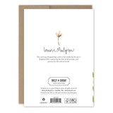 The back of the Pressed Flowers Mother's Day Card by Biely & Shoaf displays a pink flower illustration, designer bio, and branding. Printed on FSC-certified recycled paper with copyright information.