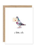 The Biely & Shoaf Pigeon A Little Note Notecard Set features a watercolor pigeon holding a heart envelope above "a little note" on a white notecard with a brown envelope—perfect for boxed notes and sustainably sourced.