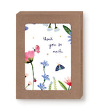 The Butterfly Garden Notecard Set by Biely & Shoaf features colorful flowers, a butterfly, and a ladybug with gold hearts. These FSC paper boxed notes say "thank you so much" in handwritten text and come in a brown cardboard box.