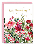 The Biely & Shoaf Floral Valentine's Day Card features painted red, pink, and white flowers with green leaves and gold "Happy Valentine’s Day" script above gold hearts. Includes a pink envelope and is printed on recycled paper.