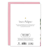 The back of the Floral Valentine's Day Card by Biely & Shoaf features a brief artist bio, brand logo, copyright details, and Louise Mulgrew’s handwritten name. Includes a pink envelope and is printed on FSC-certified recycled paper.