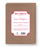 A brown box of Biely & Shoaf Little Christmas Village Boxed Holiday Cards, featuring red text, a signature, and gold foil accents. Includes 10 cards and envelopes with product details on the front.