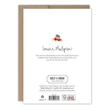 The back of the Little Christmas Village Boxed Holiday Cards features a red car with a Christmas tree, handwritten "Louise Mulgrew," and Biely & Shoaf branding on recycled paper with a crisp white background.