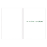 The Biely & Shoaf Little Christmas Village Boxed Holiday Cards feature an open design on recycled paper with mostly blank white pages and “May your holidays be merry and bright” in green cursive on the right side.