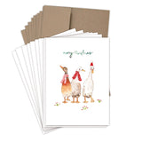 The Biely & Shoaf Ducks Merry Christmas Boxed Holiday Cards feature three ducks in red winter scarves and hats with “Merry Christmas” in green script, and include plain brown envelopes. FSC-certified.