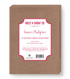 A brown Biely & Shoaf box labeled "Ducks Merry Christmas Boxed Holiday Cards" contains 10 FSC-certified holiday cards and envelopes. Red and white text with gold foil accents highlights the holiday greeting and product details on the front.