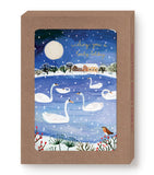 Swans Lovely Boxed Holiday Cards by Biely & Shoaf: gold foil, snowy night lake, robin, houses, FSC-certified.