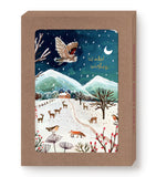 Owl Winter Countryside Boxed Set by Biely & Shoaf: snowy landscape, animals, gold foil wishes under starry sky.