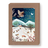Send warm greetings with Biely & Shoaf’s Owl Winter Countryside Boxed Holiday Cards (Set of 10), featuring a snowy night scene with foxes, deer, birds, an owl in flight, gold foil accents, and “Winter wishes.” Ideal for holiday card collections.