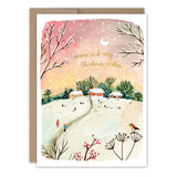 Red Sky Cozy Christmas Boxed Holiday Cards by Biely & Shoaf feature a winter scene with snow-covered fields, houses, bare trees, people walking, a bird, and crescent moon under a pink-orange sky. Printed on recycled paper with “warm and cozy Christmas wishes.”.