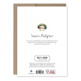 The back of Red Sky Cozy Christmas Boxed Holiday Cards by Biely & Shoaf shows a house among trees, handwritten "Louise Mulgrew," and info about the collection. Printed on FSC-certified recycled paper, these cards are an eco-friendly way to spread holiday cheer.