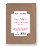 A brown box labeled Biely & Shoaf contains 10 Sleeping Cat Peaceful Christmas boxed cards and envelopes, featuring red and white text with Louise Mulgrew’s handwritten-style name. Cards are printed on recycled paper for eco-friendliness.