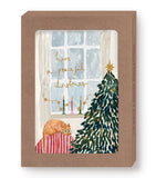 A cat naps on a red cushion; “Have a peaceful Christmas” shines in gold foil on Biely & Shoaf boxed cards.