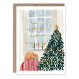 The Sleeping Cat Peaceful Christmas Boxed Cards by Biely & Shoaf feature a cozy cat on a red-striped cushion, with a tree and candle-lit windowsill. Gold foil reads “Have a Peaceful Christmas.” Printed on recycled paper.