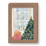 Biely & Shoaf Sleeping Cat Peaceful Christmas Boxed Cards feature a cat on a striped cushion by the window, a decorated tree, candles, and “have a peaceful christmas” in gold foil. Presented in a brown box and printed on recycled paper.