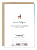 Back of a Biely & Shoaf Santa Magical Christmas Holiday Card with illustrated deer, designer’s note, and publisher info.