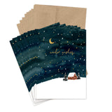 Biely & Shoaf’s Winter Wishes Holiday Card Set: snowy house, night sky, crescent moon & gold stars design.