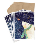 A polar bear in a green scarf looks up at a bird with "Merry Christmas"—Biely & Shoaf holiday card set.