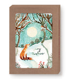 A fox in snow watches a bird under the moon—Fox Merry Christmas Holiday Card Set by Biely & Shoaf.