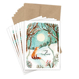 Fox Merry Christmas Holiday Card Set by Biely & Shoaf—fox, bird, snowy forest art with brown recycled envelopes.