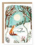A fox gazes at a bird in snowy woods under the moon. Biely & Shoaf Fox Merry Christmas Holiday Card Set.