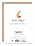 Back of a Biely & Shoaf Fox Merry Christmas Card, small fox art, text, logo; printed on recycled paper.