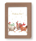 Chickens in scarves under holiday cheer on Biely & Shoaf's Chickens Christmas Cheer Holiday Card Set in a brown box.