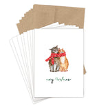 Two cats in red scarves with "Merry Christmas" on Biely & Shoaf Christmas Cats Holiday Cards, stacked with envelopes.