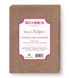 Brown box of Biely & Shoaf Christmas Cats 10 holiday cards & envelopes made with recycled paper and handwritten font.