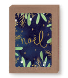 Noel Holiday Card Set by Biely & Shoaf: navy with gold script, green leaves, stars; recycled paper; clear box.