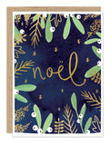 Noel Holiday Card Set by Biely & Shoaf: navy cards with gold noël, green leaves, white berries, and gold accents.