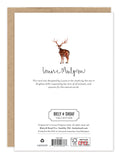 A recycled card with a watercolor reindeer, "Biely & Shoaf" above. Reindeer Magical Christmas Holiday Card.