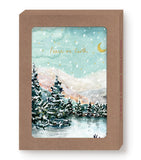 Biely & Shoaf Peace On Earth Snowy Scene Holiday Card Set: snowy pines, mountains, moon, in a brown holiday box.