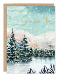 Biely & Shoaf Peace On Earth Snowy Scene Holiday Card—recycled, pine trees, gold text, falling snowflakes.