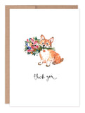 The Biely & Shoaf Corgi Dog Thank You Card features a watercolor corgi with a colorful bouquet and "thank you" in cursive. Blank inside for your personal message.