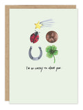 Lucky Thank You Card by Biely & Shoaf—shooting star, ladybug, lucky symbols above "I'm so lucky to have you.